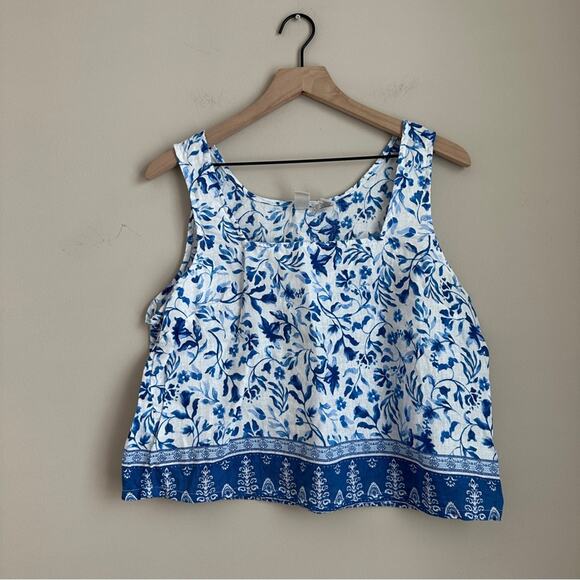 Joie Tops - Joie Blue White Floral Linen Sleeveless Top Women’s Large 100% Linen